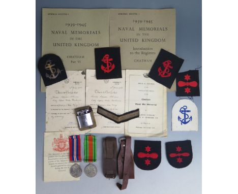 A World War Two pair to T S Solman P.O. Motor Mechanic R.N., War and Defence Medals, cloth badges, personal lighter, Admiralt