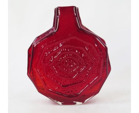 A rare Whitefriars glass Banjo or threepenny bit vase pattern No.9681. in ruby red designed by Geoffrey Baxter, 32cm high.