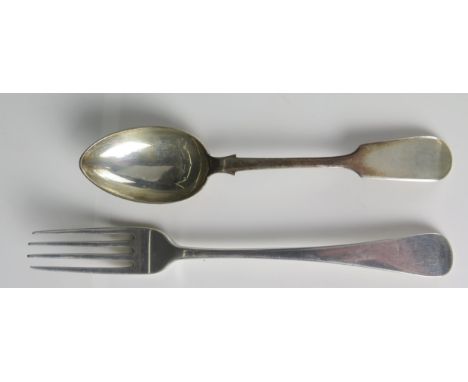 A Victorian provincial silver Fiddle pattern dessert spoon, maker Joseph Mayer, Exeter, 1874, and a table fork, maker Joseph 
