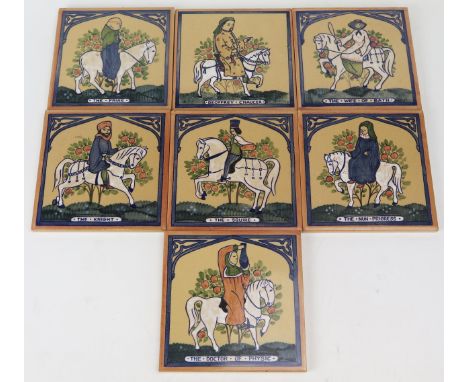 Seven Rye pottery tiles decorated with characters from Geoffrey Chaucer's Canterbury Tales, each tile 15.5 x 15.5cm. (7).