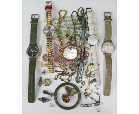 A Selection of Watches, Jewellery and Bank Notes including two Seiko military style automatic wristwatches and a Rotary open 