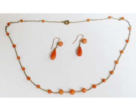 A Pair of Coral Precious Yellow Metal Mounted Pendant Earrings (c. 33.4mm drop) and a coral necklace 