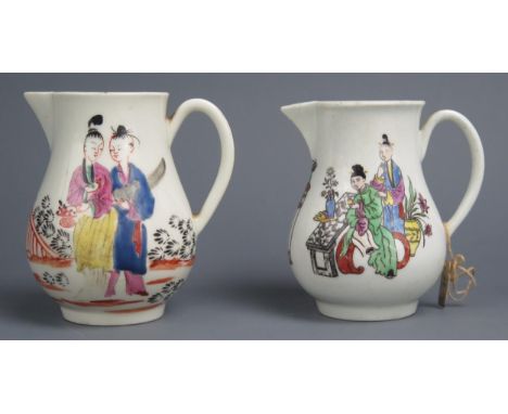 An 18th century Worcester porcelain sparrow beak cream jug of baluster form with Chinoiserie figural decoration, 9cm high, to