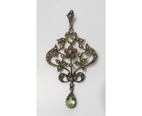 An Art Nouveau 9ct Gold, Peridot, Seed Pearl and Coral Pendant, 53.6mm drop, stamped 9CT, 3.37g