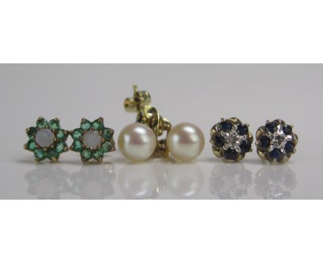A Pair of 9ct Gold, Sapphire and Pearl Stud Earrings, a pair 9ct gold gem and opal studs and a pair of 9ct gold, cultured pea