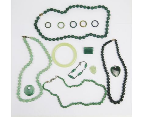 Various Jade Bead Necklaces, a bangle, carved pendant, rings, a greenstone heart pendant, etc., 370g