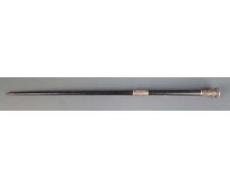 A Victorian child's ebony and silver mounted walking stick, inscribed, 52cm long.