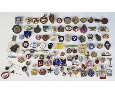 A collection of assorted lapel badges, including AA badge, Torbay Scooter Club, City Defense Corps, Devon Special Constable, 