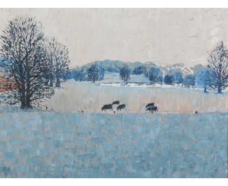 Large landscape painting with cattle, signed H K lower left, 90 x 69cm, framed, a/f (slight paint loss)