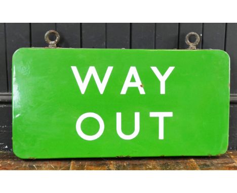 A British Rail Southern Region station double sided enamel sign 'Way Out' with original suspension rings. 31 x 61cm (one side