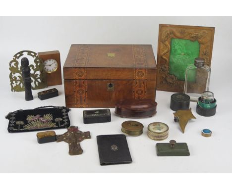 A 19th century parquetry inlaid box containing assorted collectables, including , snuff boxes, crucifix, tape measure, purse,