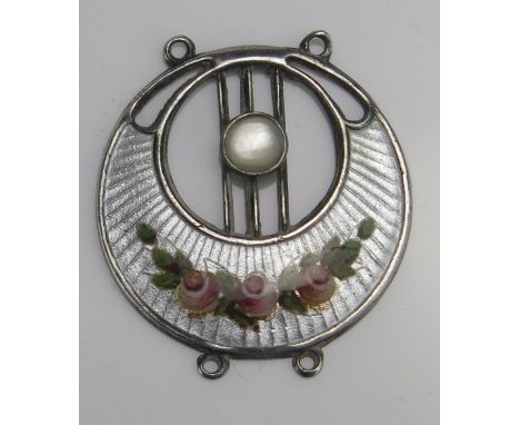 A Charles Horner Silver, Moonstone and Foliate Guilloche Enamel Pendant Element, 23.9mm diam., Chester 1909, 3.22g