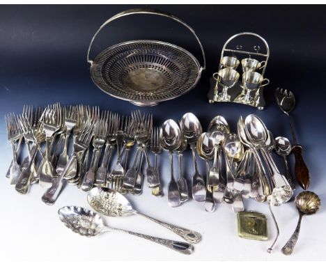 A collection of assorted plated wares including swing handled tazza, egg cup stand, flatwares etc.