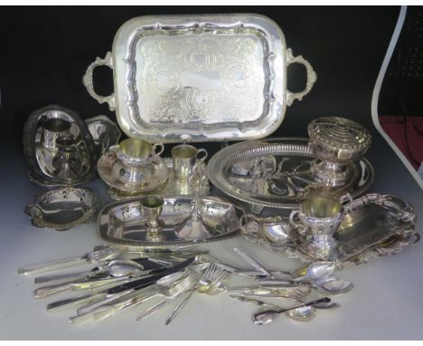 A collection of plated wares including serving trays, rose part tea service, assorted flat wares,