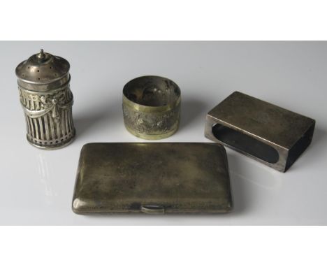 A mixed collection of silverwares including matchbox holder, card case, pepperette and a metal napkin ring, weighable silver 