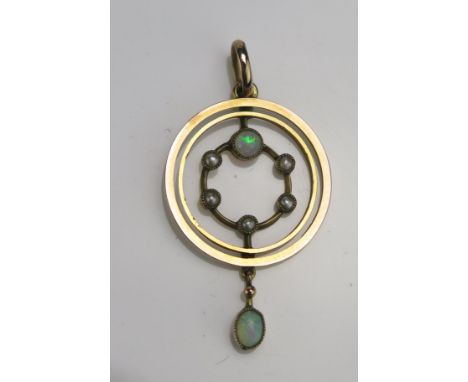 An Antique 9ct Gold, Opal and Seed Pearl Pendant, 37.9mm drop, stamped 9CT, 2.11g