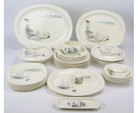 A Midwinter 'Riviera' pattern part dinner service, designed by Hugh Casson, includes tureens and covers, condiments, meat, di