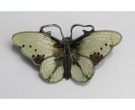 A Norwegian Silver and Enamel Butterfly Brooch, maker JE, c.37mm wingspan