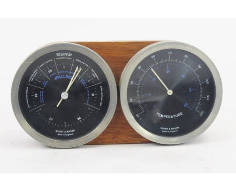 Short &amp; Mason barometer and thermometer mounted in a teak mount. 20.5cm wide. 