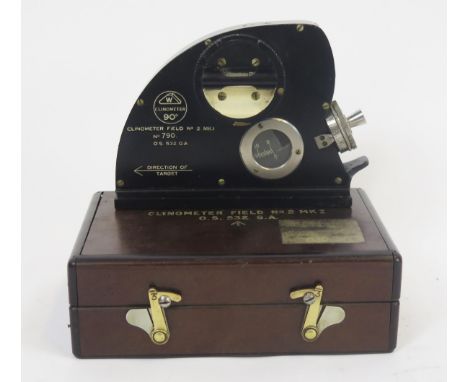 A British army Field No 2 Mk I clinometer, contained in its Bakelite case.