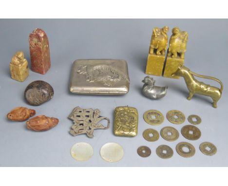 Assorted carved hardstone seals, coins, part belt buckle, cigarette case etc.
