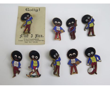 Eight enamel Robertson Golly badges by H. W. Miller, together with one on its original card backing.&nbsp;&nbsp;THESE ITEMS A