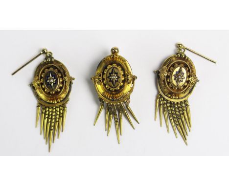 A Pair of Victorian Precious Yellow Metal, Enamel and Seed Pearl Earrings, c. 43.1mm drop, KEE tests as 15ct, 6.4g and a matc
