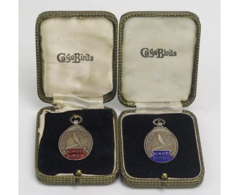 Two silver and enamel cage bird medals, cased. 21gms,  0.67ozs