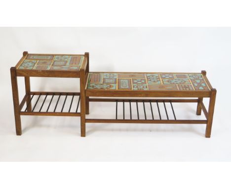 A Mid Century Teak Tile Top Table, 144(w)x53(h)x40(d)cm