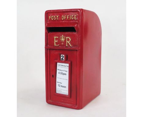 A Elizabeth II post box, painted red with gold coloured lettering, collection times, mounting bracket, no key to lock, 57cm h