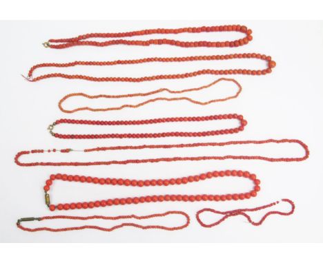 A Selection of Coral Bead Necklaces, one with uniform sized beads c. 8.25mm, 158.9g total