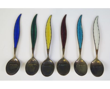 A set of six sterling silver and enamel coffee spoons, with leaf-shaped handles 50gms, 1.61ozs