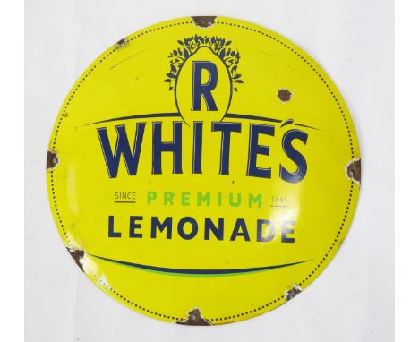 A reproduction enamel advertising sign, R. Whites Lemonade, 30cm diameter.