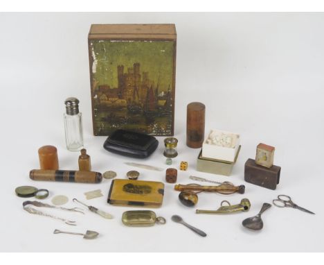 A box containing assorted collectables including treen boxes, bosun's whistle, dice, caddy spoon, sovereign holder etc.