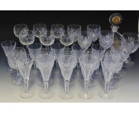 Five Thomas Webb crystal wine glasses, Garrard and Co glass commemorative decanter and stopper, assorted wine glasses, flutes