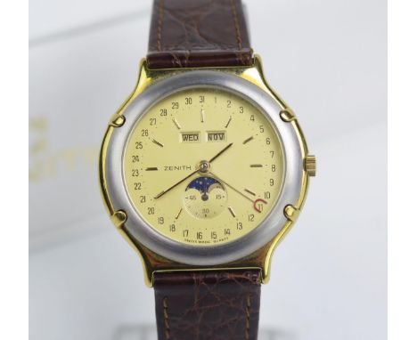 A ZENITH Gold Plated Stainless Steel Academy Triple Calendar Moonphase Quartz Wristwatch, ref. 19.0090.392, champagne dial wi