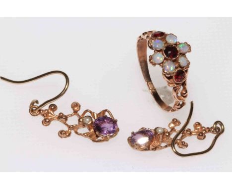 9 carat gold, opal and garnet ring; and amethyst and seed pearl earrings (2)