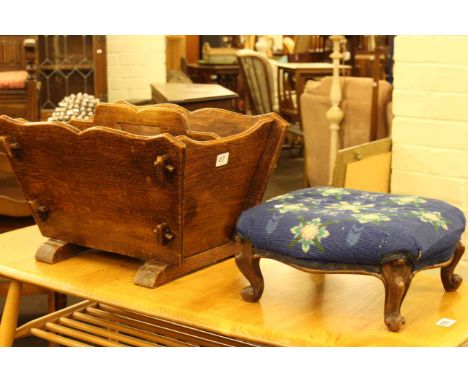 Victorian tapestry footstool and oak magazine rack (2)