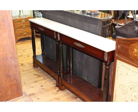 Pair of marble topped and brass mounted mahogany console tables, 87cm by 91cm