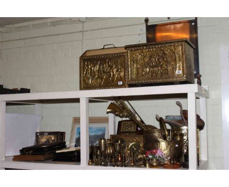 Brass log bin, magazine rack, coal scuttle, stair rods etc, copper fire screen, various pictures, etc