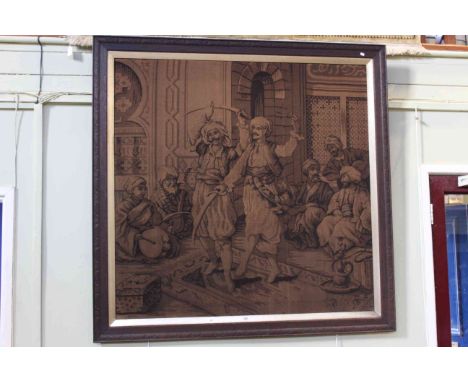 Large oak framed tapestry depicting Middle Eastern dancing swordsmen, 146cm by 144cm overall