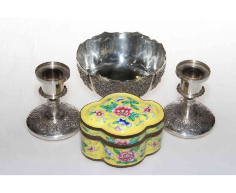 Pair Moroccan silver dwarf candlesticks, white metal bowl and enamel box (3)