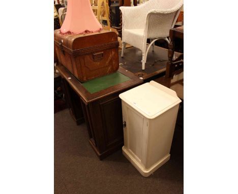 Early 20th Century oak pedestal desk, painted pot cupboard and tin trunk (3)