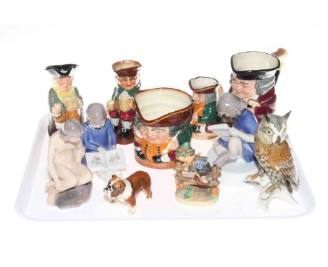 Four Royal Doulton tobys and character jug, three Copenhagen figures, Beswick dog, Hummel figure and Carl Ens owl