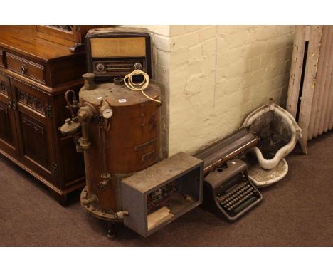 Vintage copper still, Bush radio, vintage typewriter and two white glazed corner basins (5)