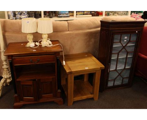 19th Century mahogany string inlaid astragal glazed corner wall cabinet, oak lamp table and two door hardwood cabinet (3)