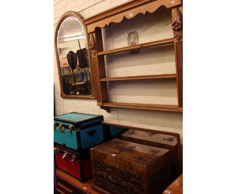 Pine three tier open wall rack and small carved trunk (2)