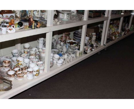 Full shelf of various china, barbola mirror, teawares, crested china, etc