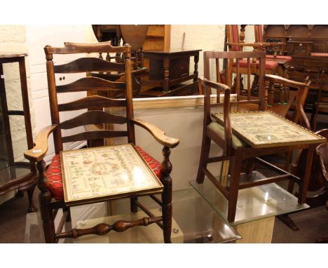 Country oak ladder back armchair with rush seat, Georgian mahogany elbow chair and two framed samplers (4)