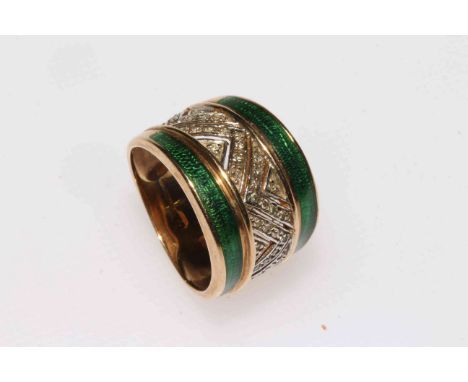 9 carat gold green enamel and diamond set ring